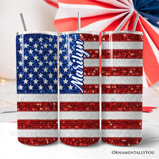 American Flag Sequin Print 20oz Personalized Tumbler With Lid and Stainless Steel Straw, Patriotic USA Stars and Stripes Gift Cup - Shaketea