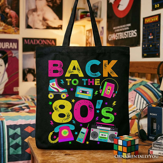 Back To The 80s Tote Bag, Colorful Retro Eighties Party Gift Shopper - Shaketea