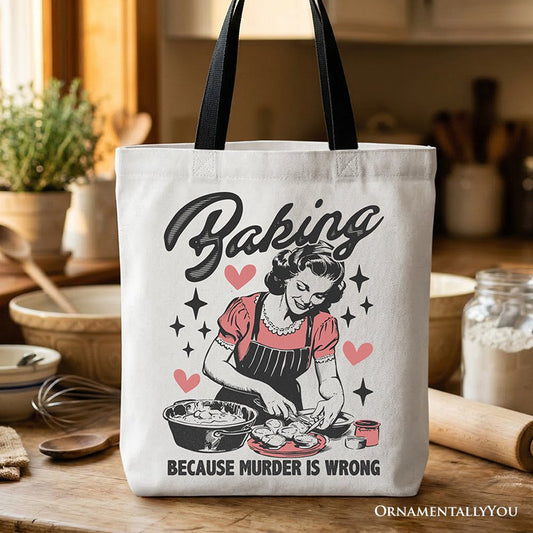 Baking Because Murder Is Wrong Anti-Valentine Tote Bag, Funny Retro Kitchen Gift Shopper - Shaketea