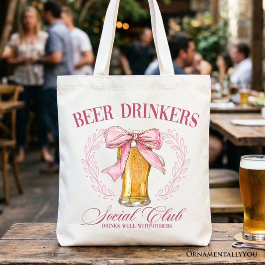 Beer Drinkers Social Club Tote Bag, Coquette Pink Bow Gift Shopper for Girly Summer Bachelorette Vibes - Shaketea