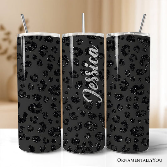 Black Glitter Leopard Print 20oz Personalized Tumbler With Lid and Stainless Steel Straw, Bold Animal Pattern Gift Cup - Shaketea