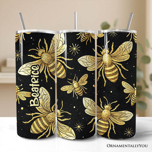 Black and Gold Bee Pattern 20oz Personalized Tumbler With Lid and Stainless Steel Straw, Elegant Apiarist Gift Cup - Shaketea
