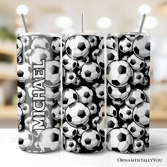 Black and White Soccer Ball 20oz Personalized Tumbler With Lid and Stainless Steel Straw, Football Sports Print Gift Cup - Shaketea
