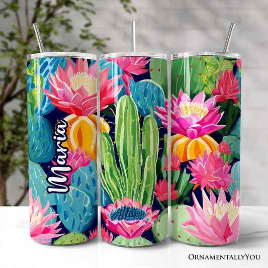 Blooming Desert Cactus Garden 20oz Personalized Tumbler With Lid and Stainless Steel Straw, Colorful Succulent Floral Gift Cup - Shaketea