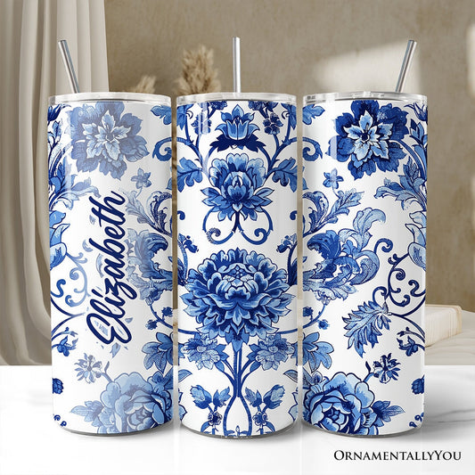 Blue and White Floral Pattern 20oz Personalized Tumbler With Lid and Stainless Steel Straw, Vintage Chinoiserie Porcelain Gift Cup - Shaketea