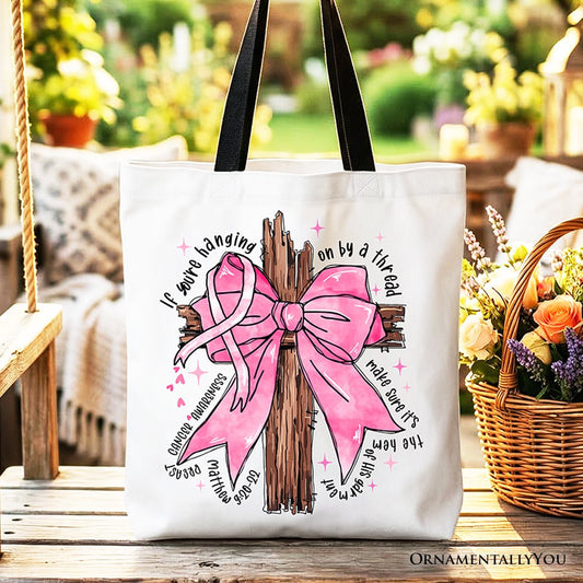 Breast Cancer Pink Bow Cross Tote Bag, Awareness Faith Christian Gift Shopper - Shaketea