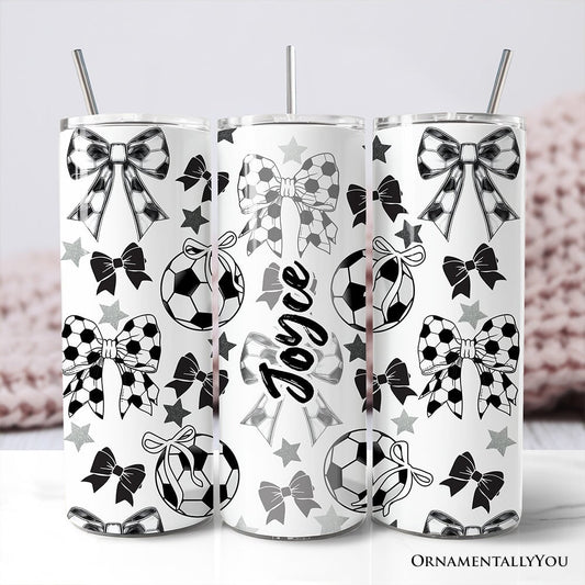 Coquette Black and White Soccer Bow 20oz Personalized Tumbler With Lid and Stainless Steel Straw, Sporty Girls Pattern Gift Cup - Shaketea