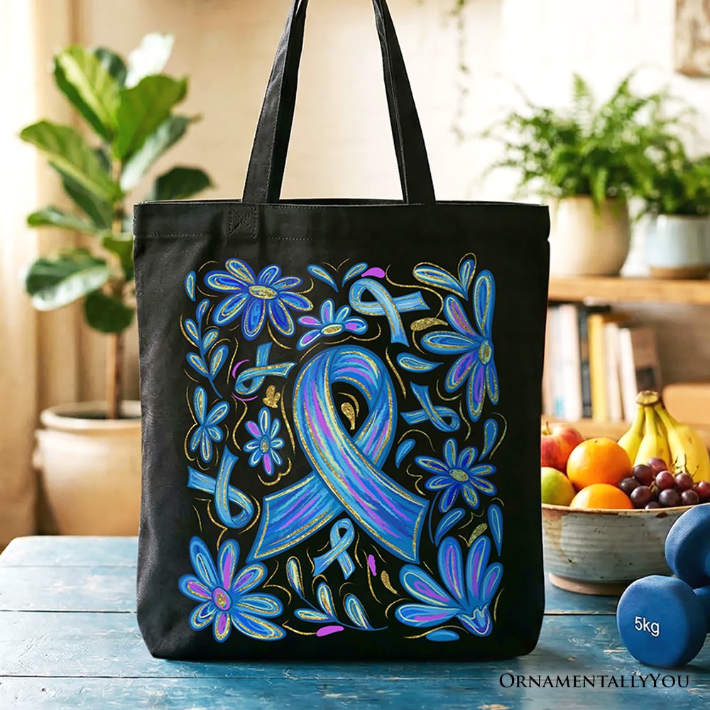 Diabetes Blue Ribbon Floral Tote Bag, Awareness Support Gift Shopper - Shaketea