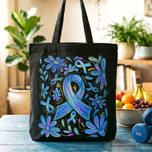 Diabetes Blue Ribbon Floral Tote Bag, Awareness Support Gift Shopper - Shaketea