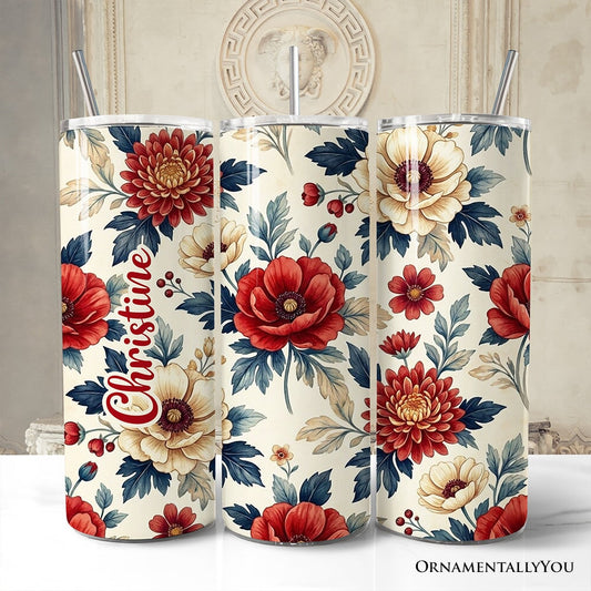 Elegant Red and Cream Flowers 20oz Personalized Tumbler With Lid and Stainless Steel Straw, Classic Floral Pattern Gift Cup - Shaketea
