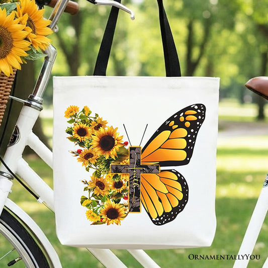 Faith Cross Butterfly Tote Bag, Christian Sunflower Floral Gift Shopper - Shaketea