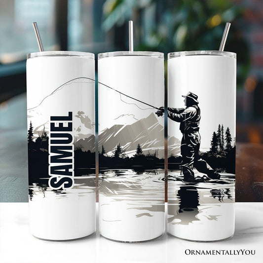Fly Fishing Mountain Lake Scene 20oz Personalized Tumbler With Lid and Stainless Steel Straw, Angler Outdoor Adventure Gift Cup - Shaketea
