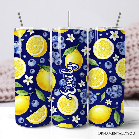 Fresh Lemon and Blueberry Pattern 20oz Personalized Tumbler With Lid and Stainless Steel Straw, Summer Citrus Fruit Gift Cup - Shaketea