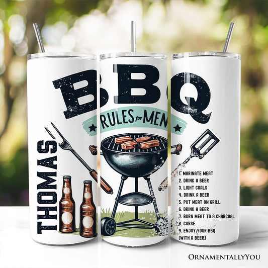 Funny BBQ Rules For Men 20oz Personalized Tumbler With Lid and Stainless Steel Straw, Backyard Grill Guide Humor Gift Cup - Shaketea