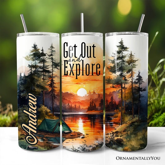 Get Out and Explore 20oz Personalized Tumbler With Lid and Stainless Steel Straw, Forest Camping Adventure Gift Cup - Shaketea