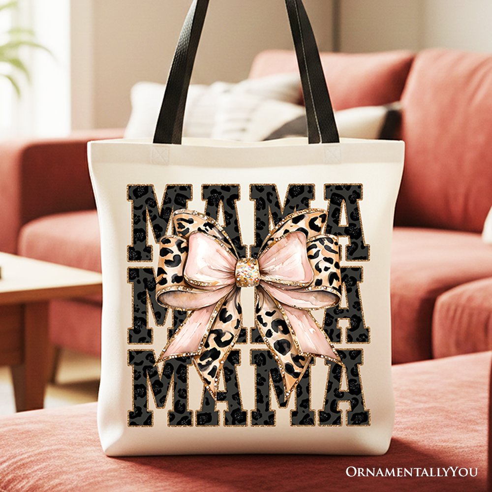 Glitter Leopard Mama Tote Bag, Coquette Bow Gift Shopper for Glam and Trendy Mothers - Shaketea
