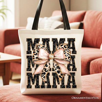 Glitter Leopard Mama Tote Bag, Coquette Bow Gift Shopper for Glam and Trendy Mothers - Shaketea