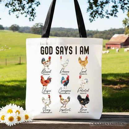 God Says I Am Christian Tote Bag, Rooster and Chicken Gift Shopper for Farm Style Lovers - Shaketea