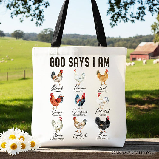 God Says I Am Christian Tote Bag, Rooster and Chicken Gift Shopper for Farm Style Lovers - Shaketea