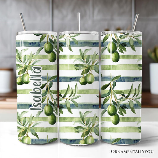 Green Olive Branch Print 20oz Personalized Tumbler With Lid and Stainless Steel Straw, Fresh Botanical Gift Cup - Shaketea