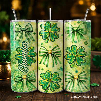 Green Shamrock Bow Pattern 20oz Personalized Tumbler With Lid and Stainless Steel Straw, Coquette St Patrick Gift Cup