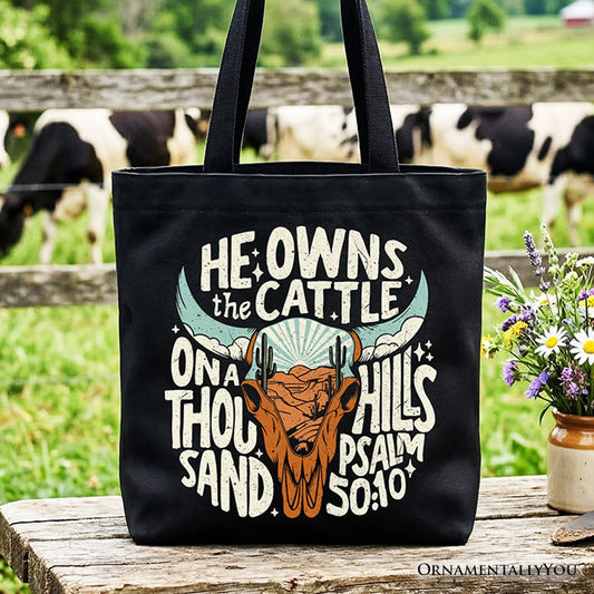 He Owns the Cattle On a Thousand Hills Tote Bag, Christian Western Faith Gift Shopper - Shaketea