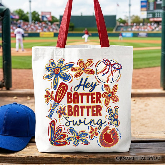 Hey Batter Batter Swing Tote Bag, Retro White and Natural Baseball Gift Shopper - Shaketea