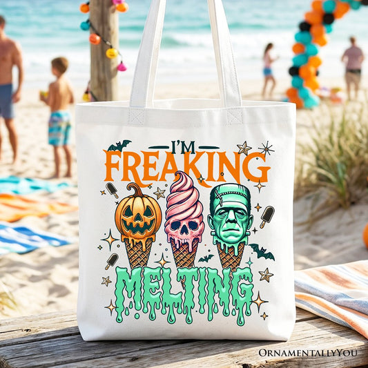 I’m Freaking Melting Frankenstein Tote Bag, Funny Ice Cream Halloween Gift Shopper for Summer Spooky Season - Shaketea