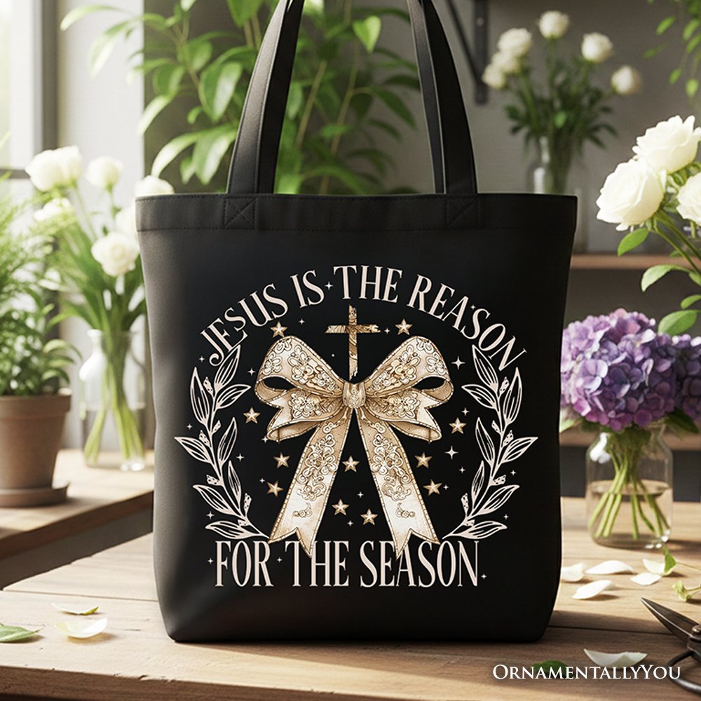 Jesus Is the Reason Christmas Tote Bag, Coquette Gold Bow Cross Gift Shopper for Faithful Women - Shaketea