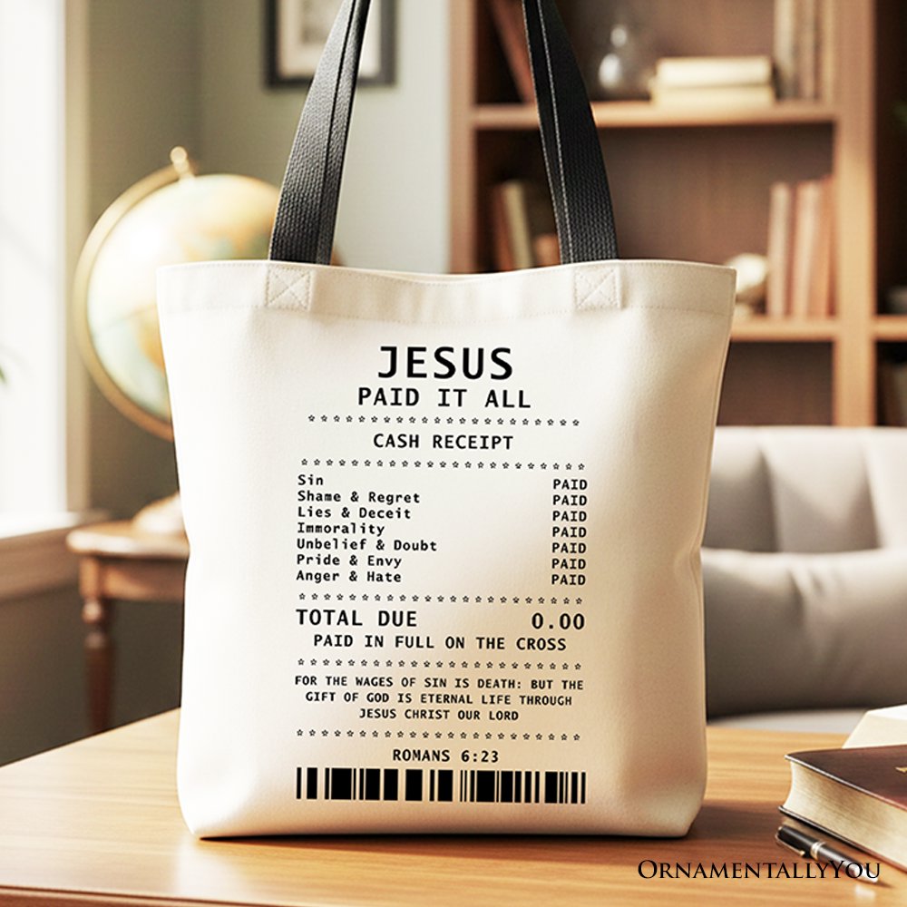 Jesus Paid It All Cash Receipt Tote Bag, Christian Gift Shopper for Believers - Shaketea
