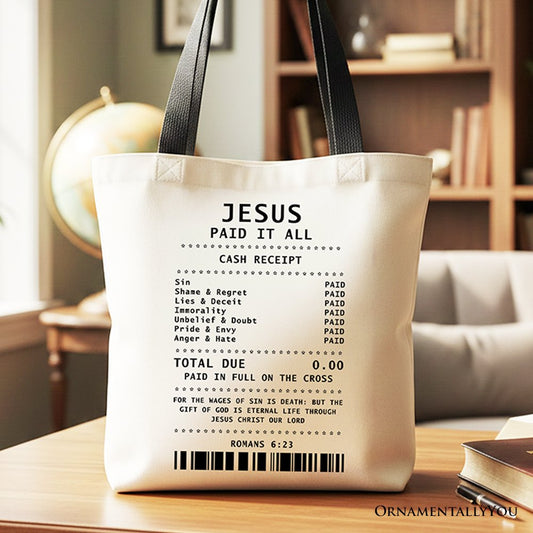 Jesus Paid It All Cash Receipt Tote Bag, Christian Gift Shopper for Believers - Shaketea