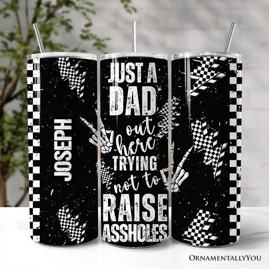 Just A Dad Checkered Lightning 20oz Personalized Tumbler With Lid and Stainless Steel Straw, Sarcastic Father's Day Humor Gift Cup - Shaketea