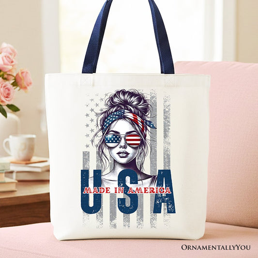 Made in America Messy Bun Tote Bag, Retro 4th of July White Patriotic Gift Shopper - Shaketea