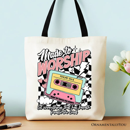 Made to Worship Christian Retro Tote Bag, Psalm 150:6 Bible Verse Gift Shopper - Shaketea