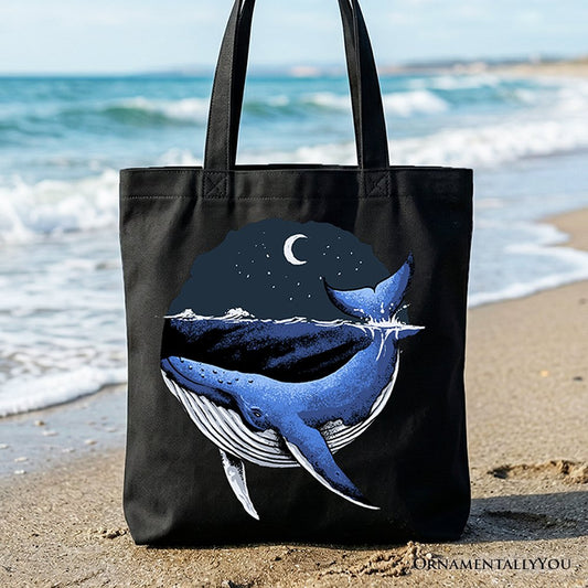 Moonlit Whale Vintage Tote Bag, Night Ocean Retro Gift Shopper - Shaketea