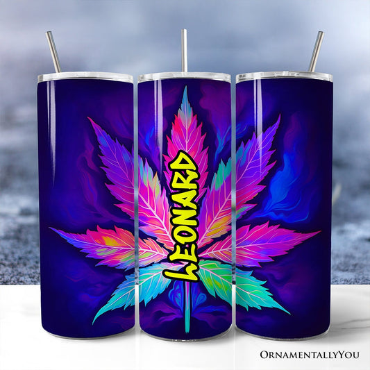 Neon Cannabis Leaf 20oz Personalized Tumbler With Lid and Stainless Steel Straw, Psychedelic Weed Aesthetic Gift Cup - Shaketea