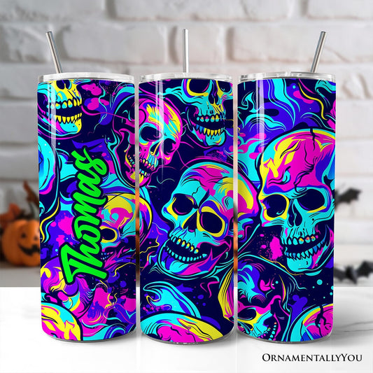 Neon Skull Chaos 20oz Personalized Tumbler With Lid and Stainless Steel Straw, Psychedelic Horror Halloween Gift Cup - Shaketea