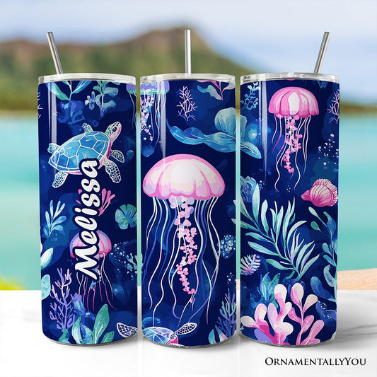 Ocean Jellyfish and Sea Turtle 20oz Personalized Tumbler With Lid and Stainless Steel Straw, Underwater Coral Reef Gift Cup - Shaketea