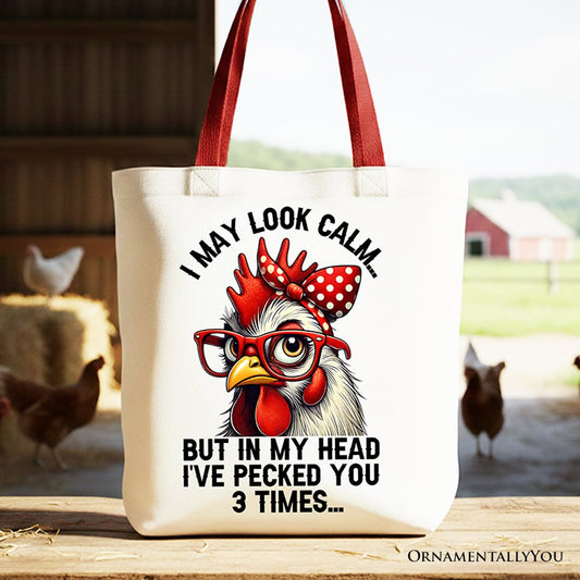 Pecking Chicken Tote Bag, Red Glasses and Bow White Gift Shopper for Sassy Women - Shaketea