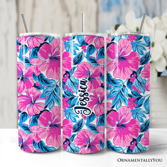 Pink and Blue Hibiscus Flowers 20oz Personalized Tumbler With Lid and Stainless Steel Straw, Vibrant Summer Floral Gift Cup - Shaketea