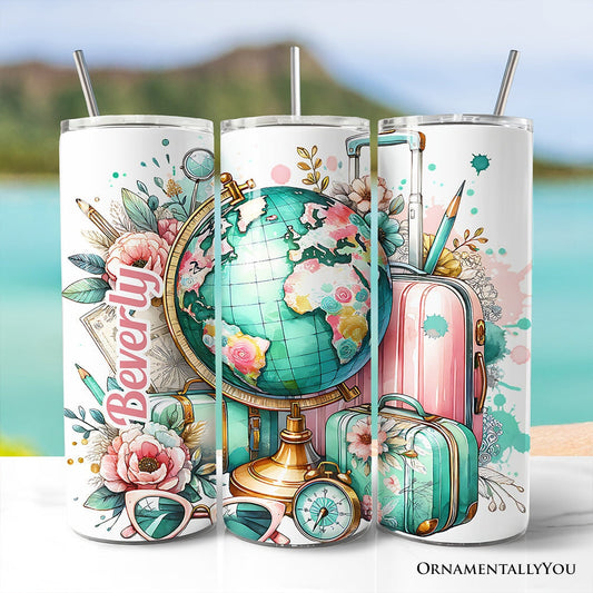 Pink and Teal Wanderlust Girl 20oz Personalized Tumbler With Lid and Stainless Steel Straw, Floral Traveler Adventurer Gift Cup - Shaketea