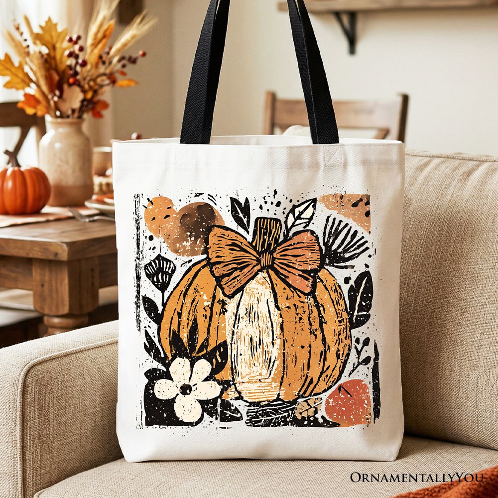 Pumpkin Fall Floral Tote Bag, Thanksgiving Coquette Bow Gift Shopper - Shaketea