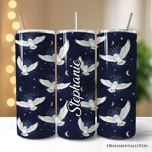 Snowy Owl Under Moon and Stars 20oz Personalized Tumbler With Lid and Stainless Steel Straw, Enchanted Navy Night Sky Gift Cup - Shaketea