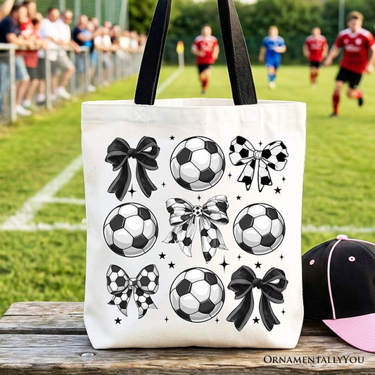 Soccer Balls Coquette Bows Tote Bag, Sports Mom Gift Shopper - Shaketea