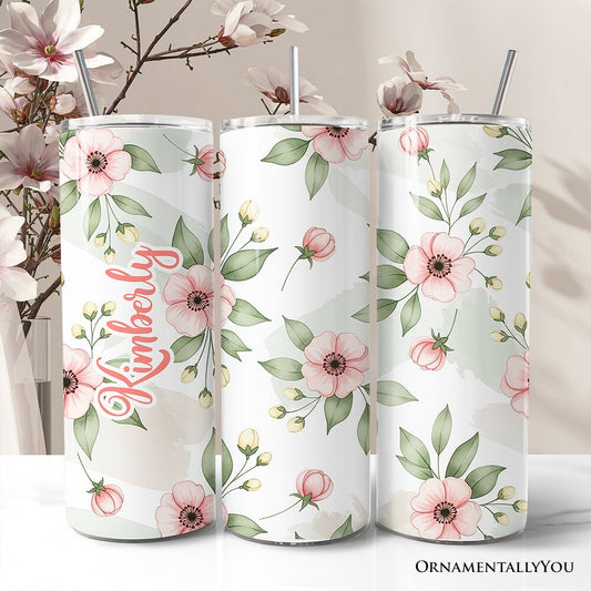 Soft Pink Wildflower 20oz Personalized Tumbler With Lid and Stainless Steel Straw, Elegant Floral Pattern Gift Cup - Shaketea