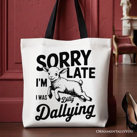 Sorry I'm Late Funny Lamb Tote Bag, Retro Dilly Dallying Gift Shopper for Quirky Women - Shaketea