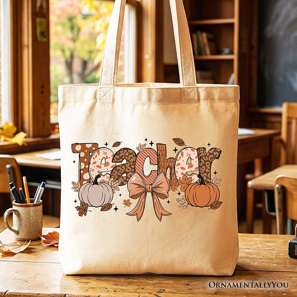Teacher Coquette Autumn Tote Bag, Cozy Fall Pumpkin Gift Shopper for Educators - Shaketea