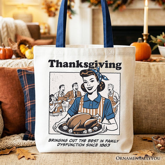 Thanksgiving Family Dysfunction Retro Tote Bag, Funny Holiday Humor Gift Shopper for Sarcastic Families - Shaketea