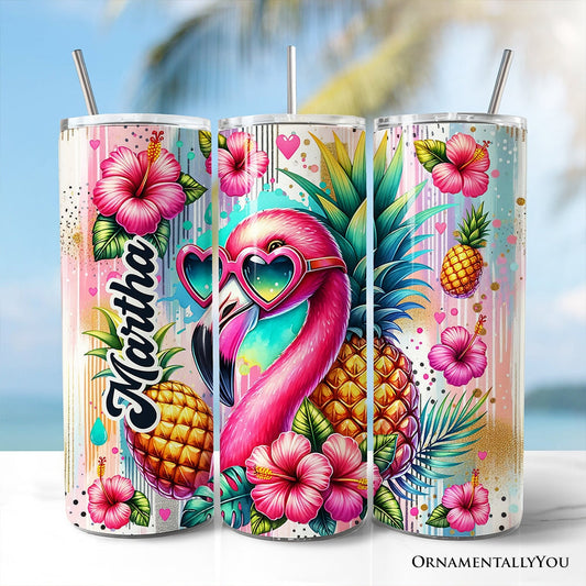 Tropical Flamingo Pineapple Hibiscus 20oz Personalized Tumbler With Lid and Stainless Steel Straw, Colorful Summer Bird Gift Cup - Shaketea