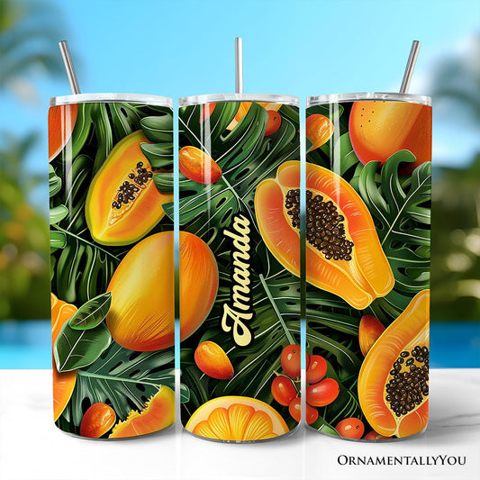 Tropical Papaya, Mango and Citrus 20oz Personalized Tumbler With Lid and Stainless Steel Straw, Exotic Summer Fruit Gift Cup - Shaketea